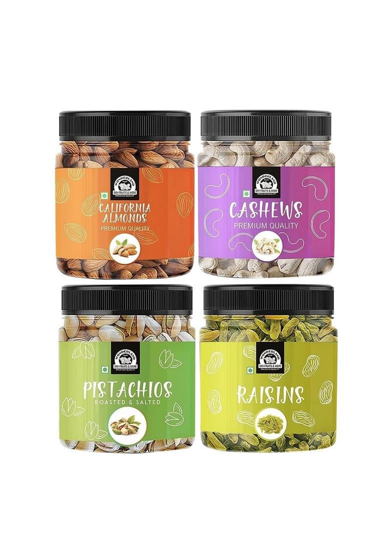 Wonderland Foods (Device) 800G (200G X 4) Premium Dry Fruits Combo Pack Of Raw Almonds, Cashews, Roasted Salted Pistachios & Raisins Jar