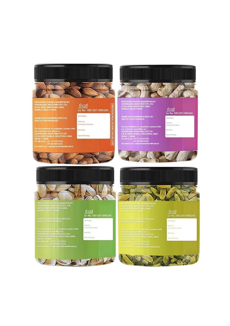 Wonderland Foods (Device) 800G (200G X 4) Premium Dry Fruits Combo Pack Of Raw Almonds, Cashews, Roasted Salted Pistachios & Raisins Jar