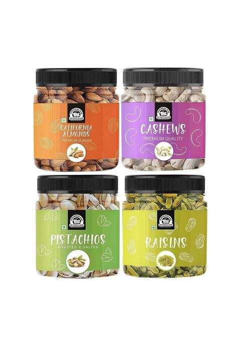 Wonderland Foods (Device) 800G (200G X 4) Premium Dry Fruits Combo Pack Of Raw Almonds, Cashews, Roasted Salted Pistachios & Raisins Jar