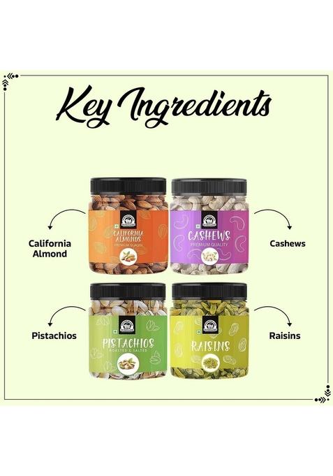 Wonderland Foods (Device) 800G (200G X 4) Premium Dry Fruits Combo Pack Of Raw Almonds, Cashews, Roasted Salted Pistachios & Raisins Jar