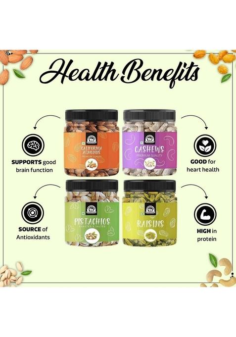 Wonderland Foods (Device) 800G (200G X 4) Premium Dry Fruits Combo Pack Of Raw Almonds, Cashews, Roasted Salted Pistachios & Raisins Jar