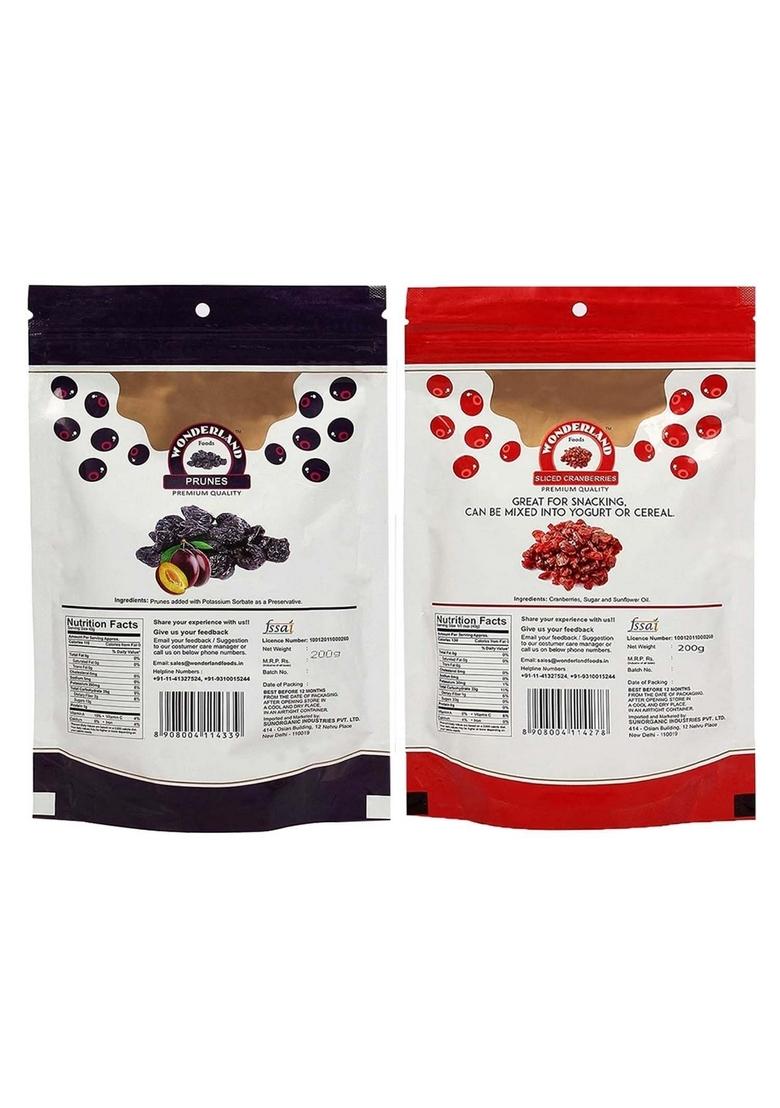 Wonderland Foods (Device) 400G (200G X 2) Premium Berries Combo Of Sliced Cranberries And Pitted Prunes Pouch High-Fiber Antioxidant-Rich Dry Fruits
