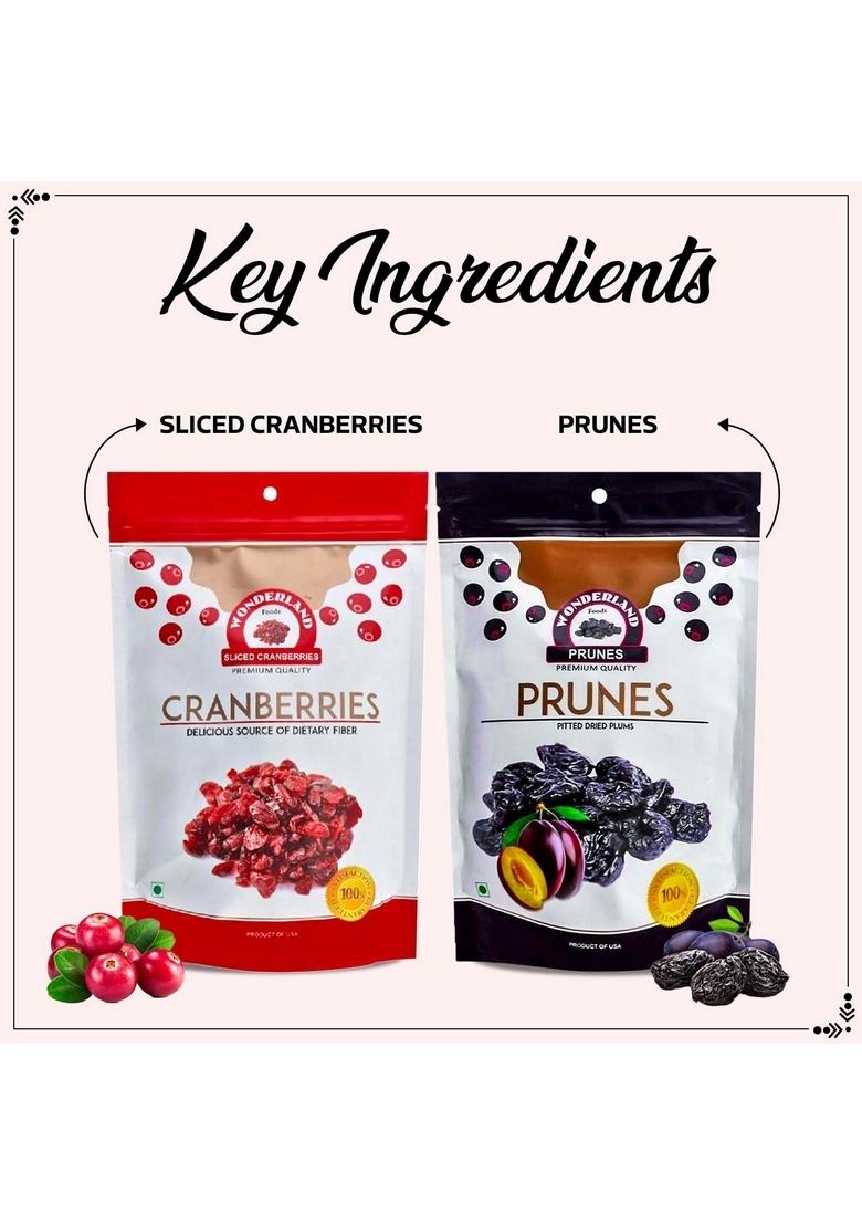 Wonderland Foods (Device) 400G (200G X 2) Premium Berries Combo Of Sliced Cranberries And Pitted Prunes Pouch High-Fiber Antioxidant-Rich Dry Fruits