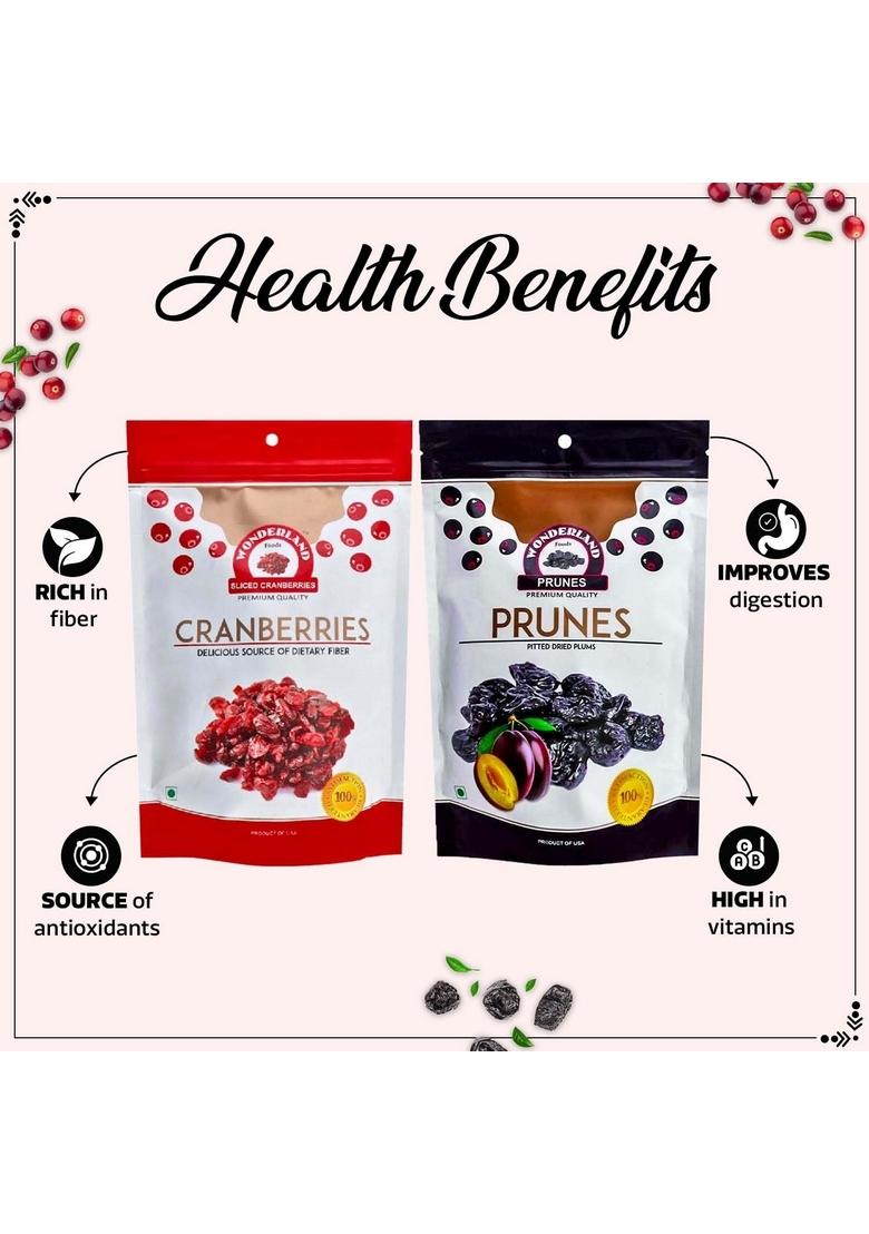 Wonderland Foods (Device) 400G (200G X 2) Premium Berries Combo Of Sliced Cranberries And Pitted Prunes Pouch High-Fiber Antioxidant-Rich Dry Fruits
