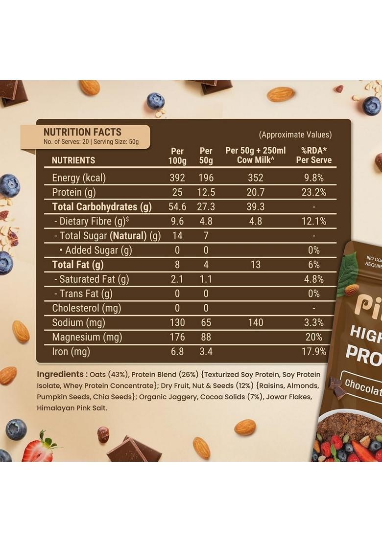 Pintola 25G High Protein Oats 1Kg, Dark Chocolate,No Refined Sugar, With Almonds Raisin, Pumpkin And Chia Seeds, 8G Fibre, Rolled Oats For Weight Loss, Breakfast Cereals | Gluten Free