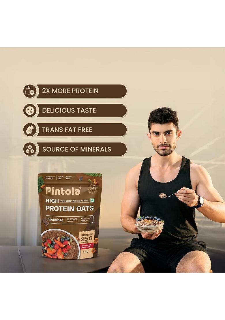 Pintola 25G High Protein Oats 1Kg, Dark Chocolate,No Refined Sugar, With Almonds Raisin, Pumpkin And Chia Seeds, 8G Fibre, Rolled Oats For Weight Loss, Breakfast Cereals | Gluten Free