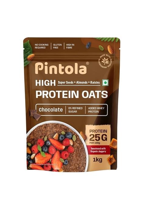 Pintola 25G High Protein Oats 1Kg, Dark Chocolate,No Refined Sugar, With Almonds Raisin, Pumpkin And Chia Seeds, 8G Fibre, Rolled Oats For Weight Loss, Breakfast Cereals | Gluten Free
