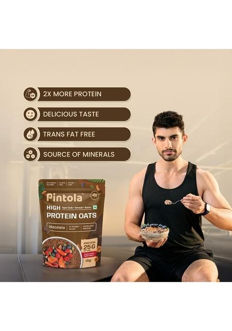 Pintola 25G High Protein Oats 1Kg, Dark Chocolate,No Refined Sugar, With Almonds Raisin, Pumpkin And Chia Seeds, 8G Fibre, Rolled Oats For Weight Loss, Breakfast Cereals | Gluten Free
