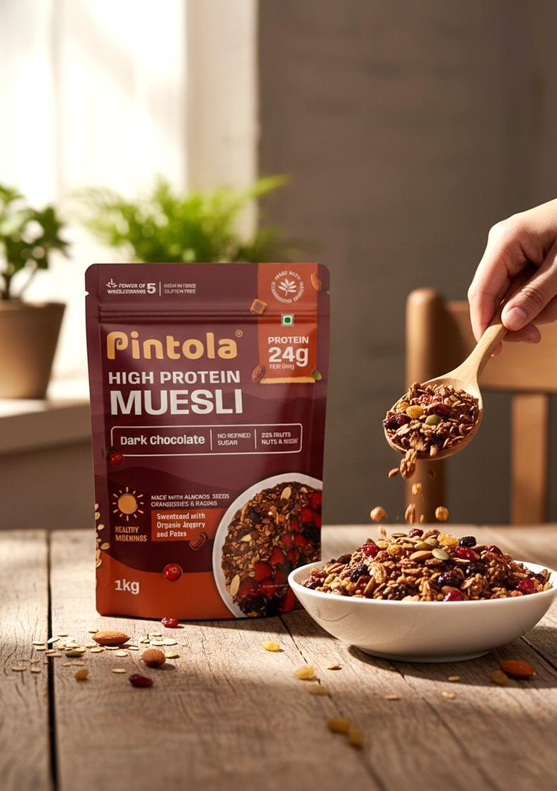 Pintola High Protein Muesli Dark Chocolate & Cranberry 1Kg, 24G Protein, High Fibre, Trans Fat Free With Brown Sugar, Real Fruits, Muesli For Breakfast Food, Muselies Fruit Nuts And Seeds 1 Kg