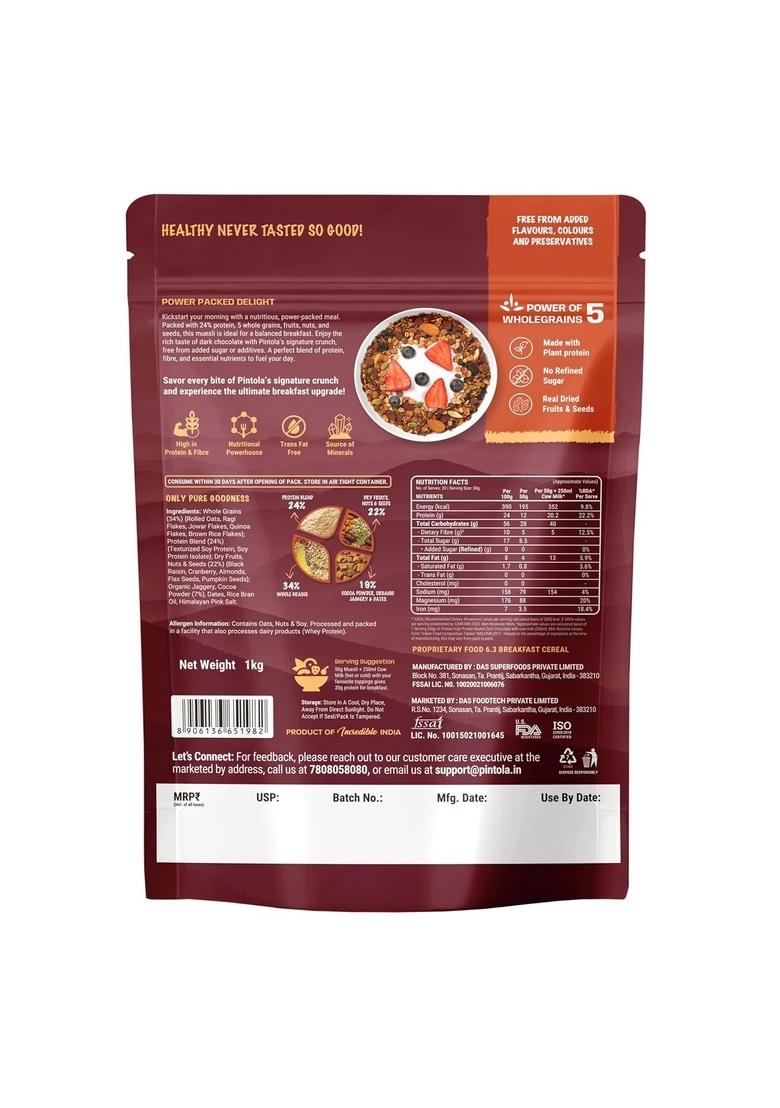 Pintola High Protein Muesli Dark Chocolate & Cranberry 1Kg, 24G Protein, High Fibre, Trans Fat Free With Brown Sugar, Real Fruits, Muesli For Breakfast Food, Muselies Fruit Nuts And Seeds 1 Kg