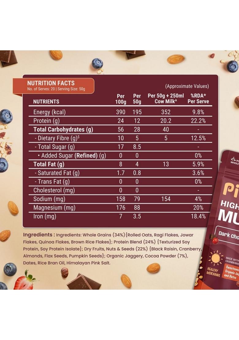 Pintola High Protein Muesli Dark Chocolate & Cranberry 1Kg, 24G Protein, High Fibre, Trans Fat Free With Brown Sugar, Real Fruits, Muesli For Breakfast Food, Muselies Fruit Nuts And Seeds 1 Kg