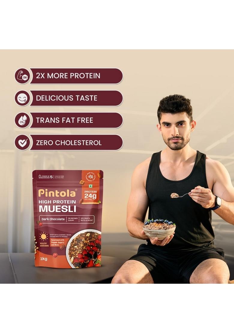 Pintola High Protein Muesli Dark Chocolate & Cranberry 1Kg, 24G Protein, High Fibre, Trans Fat Free With Brown Sugar, Real Fruits, Muesli For Breakfast Food, Muselies Fruit Nuts And Seeds 1 Kg