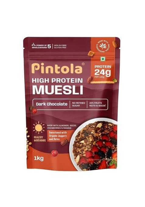 Pintola High Protein Muesli Dark Chocolate & Cranberry 1Kg, 24G Protein, High Fibre, Trans Fat Free With Brown Sugar, Real Fruits, Muesli For Breakfast Food, Muselies Fruit Nuts And Seeds 1 Kg