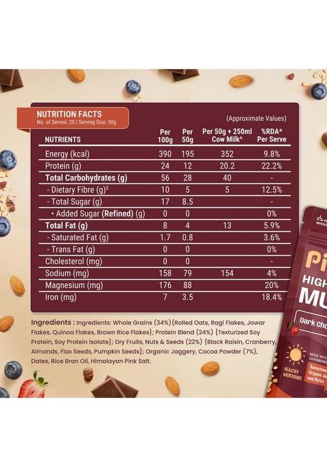 Pintola High Protein Muesli Dark Chocolate & Cranberry 1Kg, 24G Protein, High Fibre, Trans Fat Free With Brown Sugar, Real Fruits, Muesli For Breakfast Food, Muselies Fruit Nuts And Seeds 1 Kg