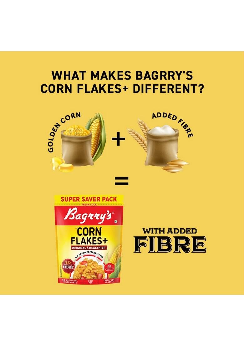Bagrry’S Corn Flakes+ Original & Healthier 800G | Added Fibre | Prebiotic Breakfast Cereal | Golden Corn | Low Fat | Toasted & Crunchy Corn Flakes | No Added Preservatives