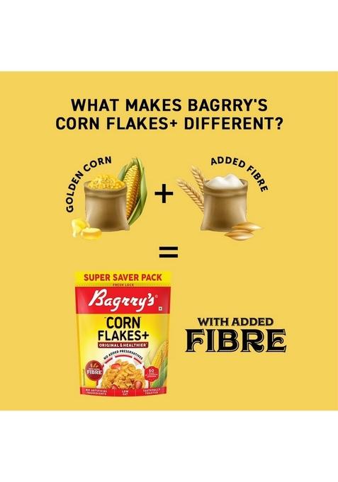 Bagrry’S Corn Flakes+ Original & Healthier 800G | Added Fibre | Prebiotic Breakfast Cereal | Golden Corn | Low Fat | Toasted & Crunchy Corn Flakes | No Added Preservatives