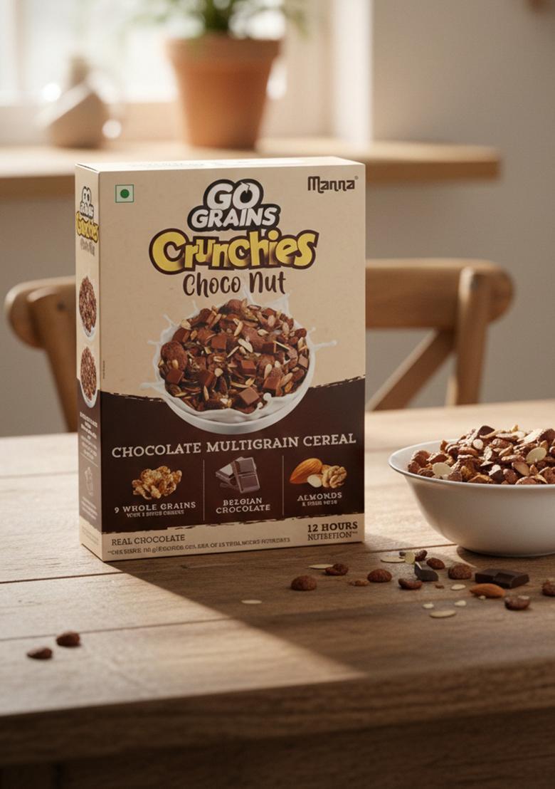 Manna Go Grains Crunchies, Real Belgian Chocolate. Multigrain Breakfast Cereal For Kids. No Refined Sugar. Fortified Cereal With 50% Rda Of 23 Essential Vitamins & Minerals In Every Bowl. 450G