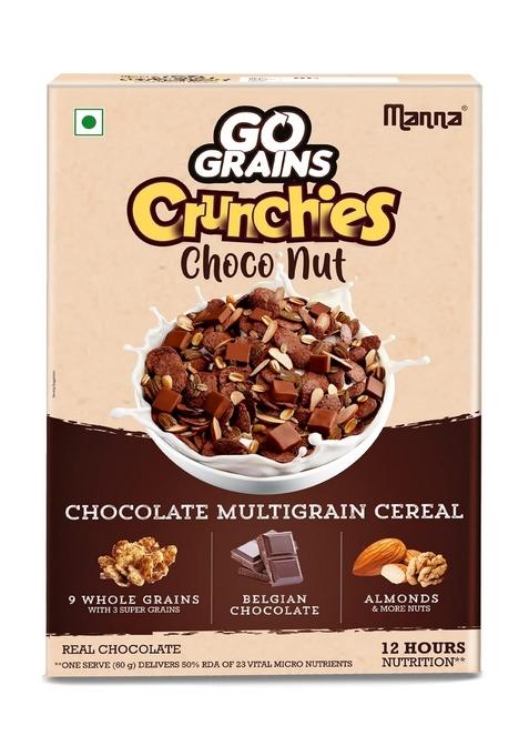 Manna Go Grains Crunchies, Real Belgian Chocolate. Multigrain Breakfast Cereal For Kids. No Refined Sugar. Fortified Cereal With 50% Rda Of 23 Essential Vitamins & Minerals In Every Bowl. 450G