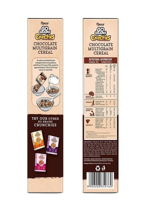 Manna Go Grains Crunchies, Real Belgian Chocolate. Multigrain Breakfast Cereal For Kids. No Refined Sugar. Fortified Cereal With 50% Rda Of 23 Essential Vitamins & Minerals In Every Bowl. 450G