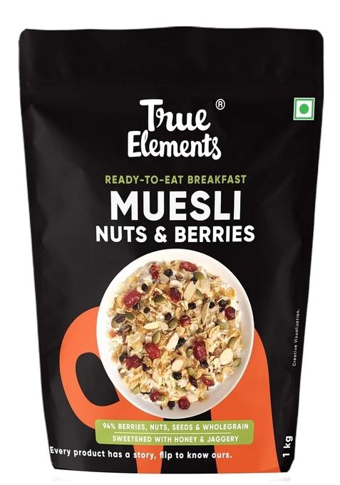 True Elements Crunchy Nuts & Berries Muesli 1Kg | Cereal For Breakfast | Diet Food | No Malt Extract, Corn Flakes Or Grain Flour | No Sugar Candied Fruits | Has Almonds & Cranberries | Healthy Breakfast