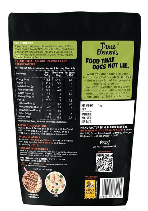 True Elements Crunchy Nuts & Berries Muesli 1Kg | Cereal For Breakfast | Diet Food | No Malt Extract, Corn Flakes Or Grain Flour | No Sugar Candied Fruits | Has Almonds & Cranberries | Healthy Breakfast