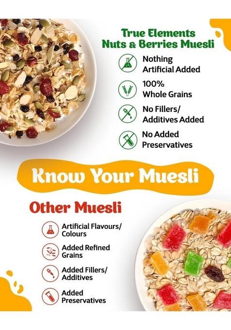 True Elements Crunchy Nuts & Berries Muesli 1Kg | Cereal For Breakfast | Diet Food | No Malt Extract, Corn Flakes Or Grain Flour | No Sugar Candied Fruits | Has Almonds & Cranberries | Healthy Breakfast