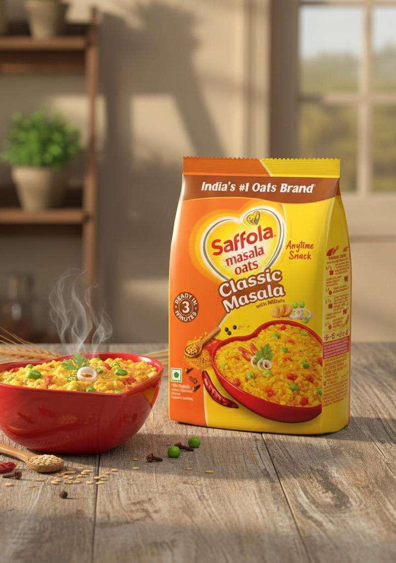 Saffola Masala Oats | 225G | Classic Masala | Tasty, Anytime Snack | Ready In 3 Mins | Millets Goodness- With Bajra & Jowar | No Maida, No Added Preservatives | Helps Manage Weight - Indya