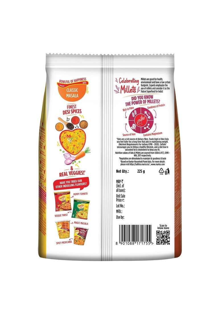 Saffola Masala Oats | 225G | Classic Masala | Tasty, Anytime Snack | Ready In 3 Mins | Millets Goodness- With Bajra & Jowar | No Maida, No Added Preservatives | Helps Manage Weight - Indya