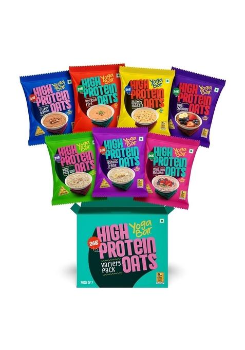 Yogabar High Protein Oats (Variety Pack Of 7) Set Of 2 | 26G Protein Per Serve | Wholegrain Breakfast | Flavors: Korean Fire, Mum'S Masala, Dark Chocolate, Fruit Nuts Seeds, Kesar Pista Kulfi, Banana Crème, Filter Kappi