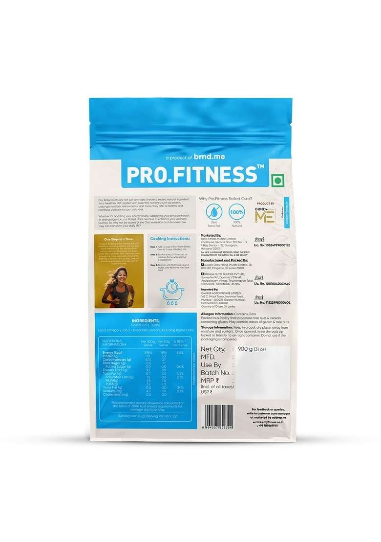 Pro.Fitness Rolled Oats 900G |100% Wholegrain Premium Rolled Oats | 13G Protein & 10G Rich In Fiber | Nutritious & Healthy Breakfast Cereal - Indya