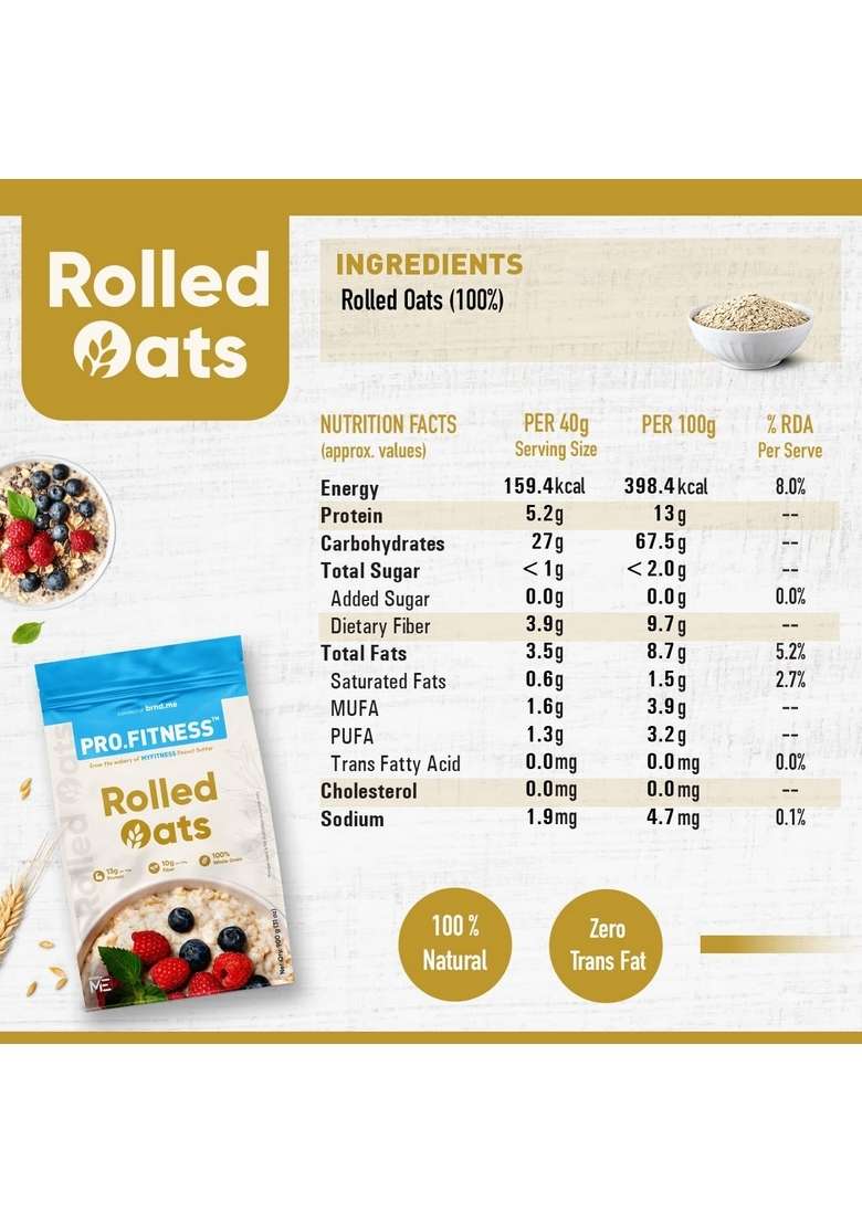 Pro.Fitness Rolled Oats 900G |100% Wholegrain Premium Rolled Oats | 13G Protein & 10G Rich In Fiber | Nutritious & Healthy Breakfast Cereal - Indya