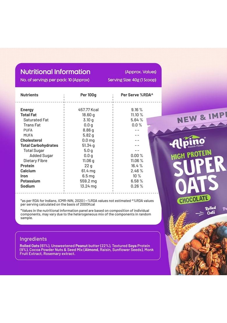 Alpino 22% High Protein Super Oats Chocolate 400G – Rolled Oats, Natural Peanut Butter, Cocoa Powder, Nuts & Seeds – 22G Protein, Source Of Dietary Fibre & Healthy Fats, No Added Sugar & Salt