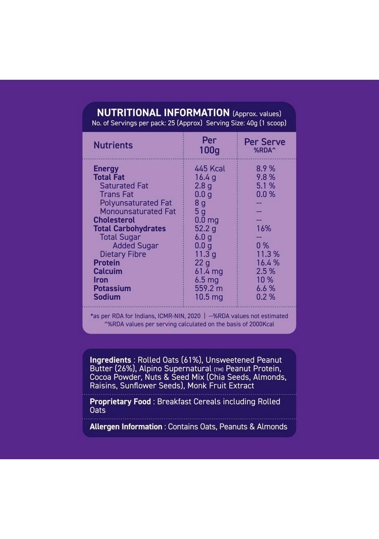 Alpino 22% High Protein Super Oats Chocolate 400G – Rolled Oats, Natural Peanut Butter, Cocoa Powder, Nuts & Seeds – 22G Protein, Source Of Dietary Fibre & Healthy Fats, No Added Sugar & Salt