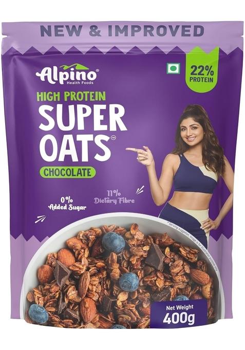 Alpino 22% High Protein Super Oats Chocolate 400G – Rolled Oats, Natural Peanut Butter, Cocoa Powder, Nuts & Seeds – 22G Protein, Source Of Dietary Fibre & Healthy Fats, No Added Sugar & Salt