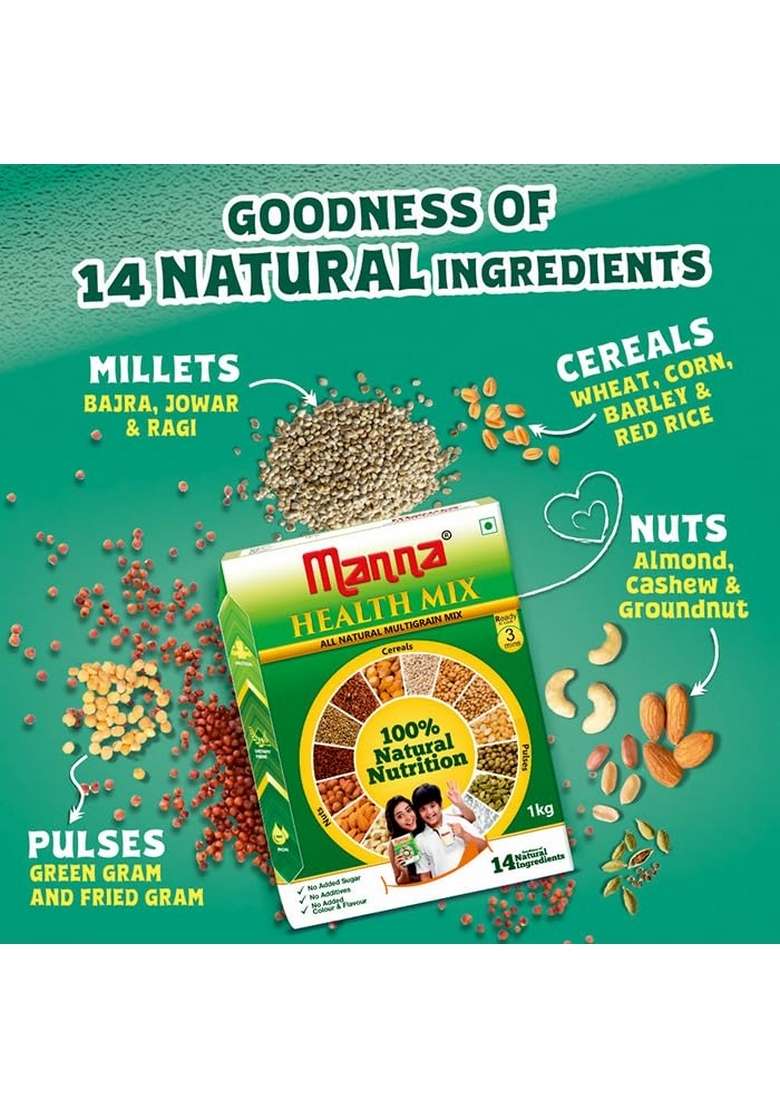 Manna Health Mix 1.2Kg, All Natural Kids Nutrition Drink, With 14 Ingredients, Zero Sugar. 100% Natural Nutrition - Indya
