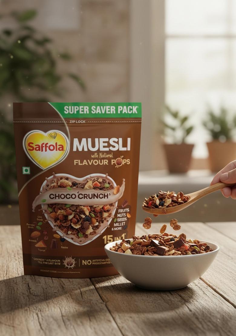 Saffola Muesli Choco Crunch With Flavour Pops, 700 Gm | 15 In 1 Fruit And Nuts, Seeds, Millet & More | Cereals For Breakfast Rich In Wholegrain, Protein, Fibre