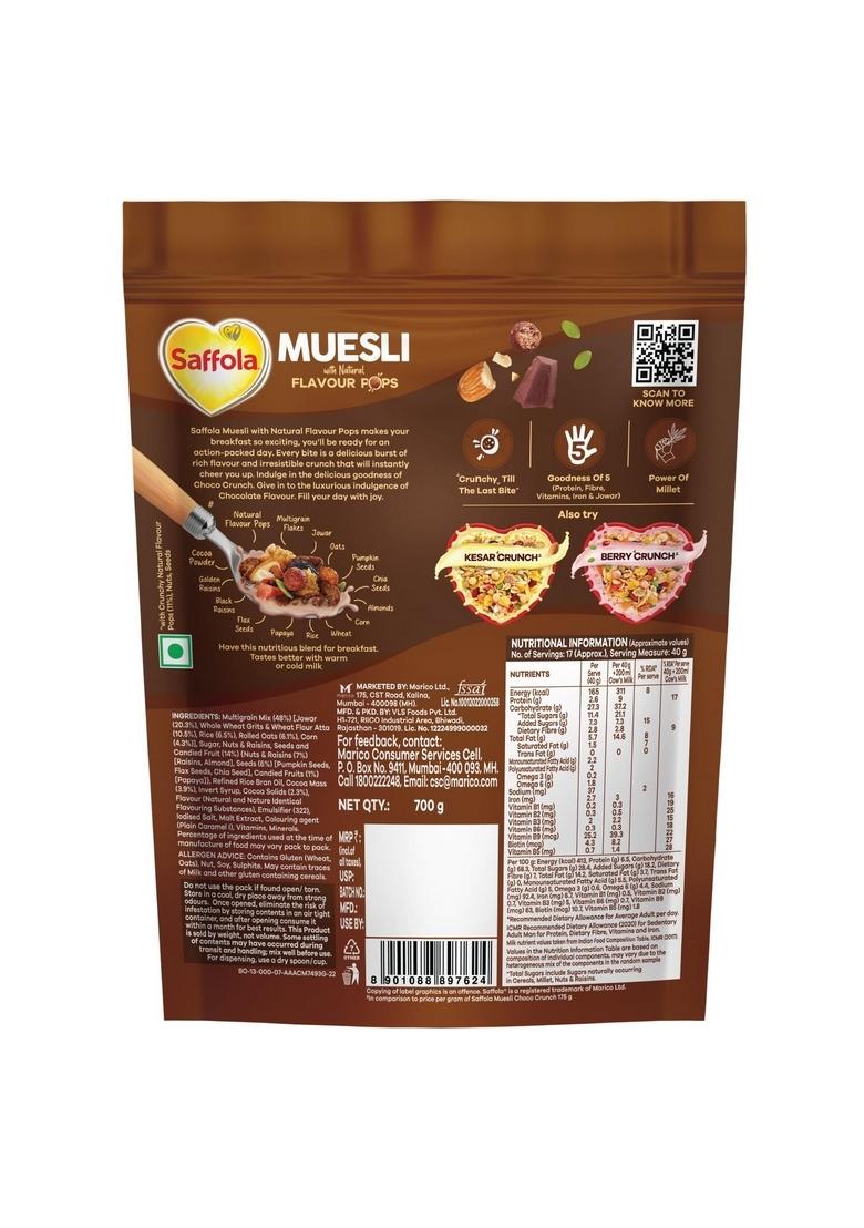 Saffola Muesli Choco Crunch With Flavour Pops, 700 Gm | 15 In 1 Fruit And Nuts, Seeds, Millet & More | Cereals For Breakfast Rich In Wholegrain, Protein, Fibre