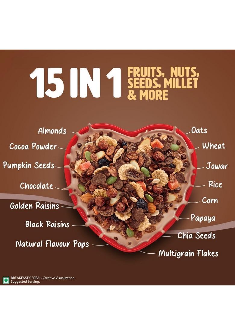Saffola Muesli Choco Crunch With Flavour Pops, 700 Gm | 15 In 1 Fruit And Nuts, Seeds, Millet & More | Cereals For Breakfast Rich In Wholegrain, Protein, Fibre