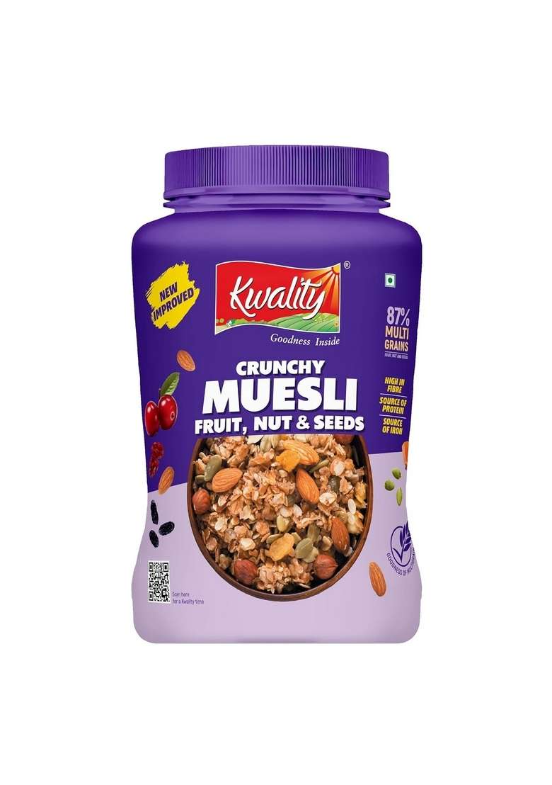 Kwality Muesli Fruit, Nut & Seeds 900G Jar, 87% Multi Grains, No Maida, Natural Source Of Vitamin & Iron, High In Protein & Fiber, Low Fat & Cholesterol, Healthy Breakfast Cereal - Indya