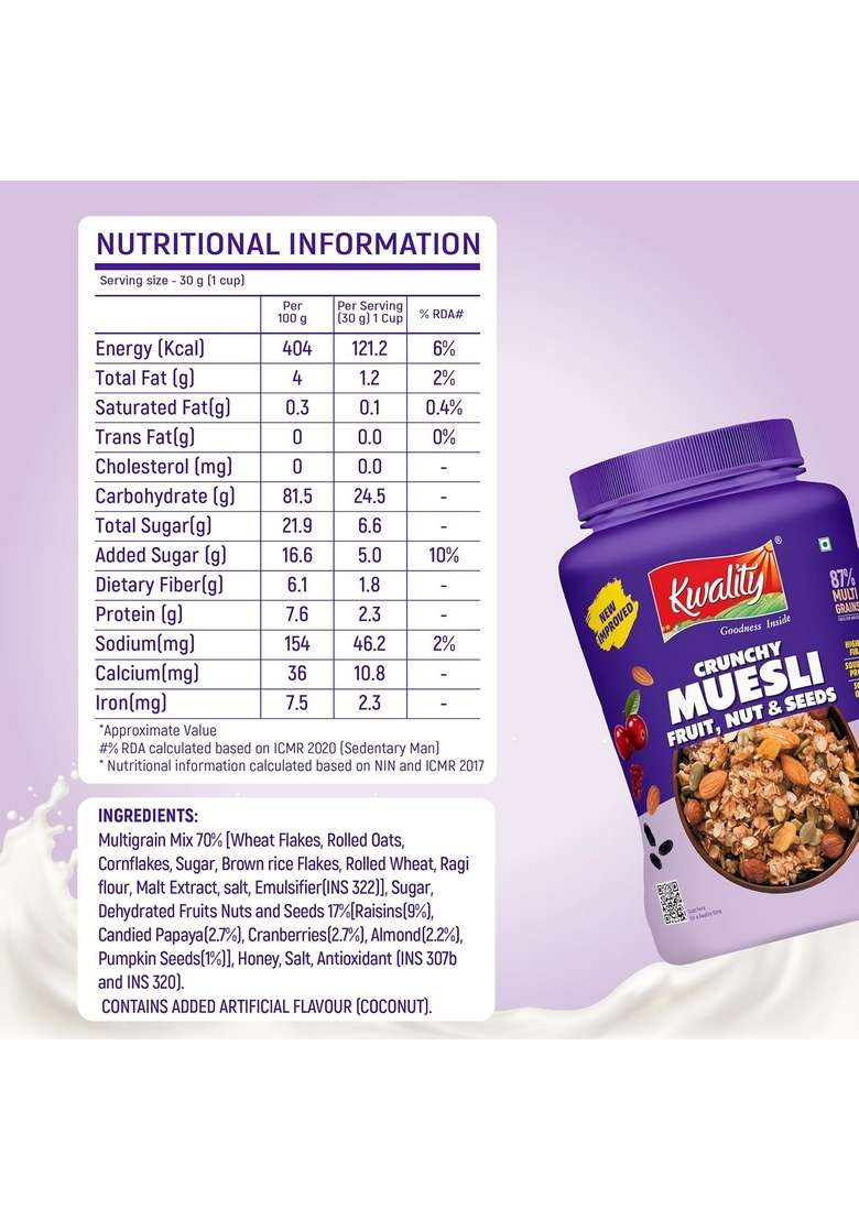 Kwality Muesli Fruit, Nut & Seeds 900G Jar, 87% Multi Grains, No Maida, Natural Source Of Vitamin & Iron, High In Protein & Fiber, Low Fat & Cholesterol, Healthy Breakfast Cereal - Indya