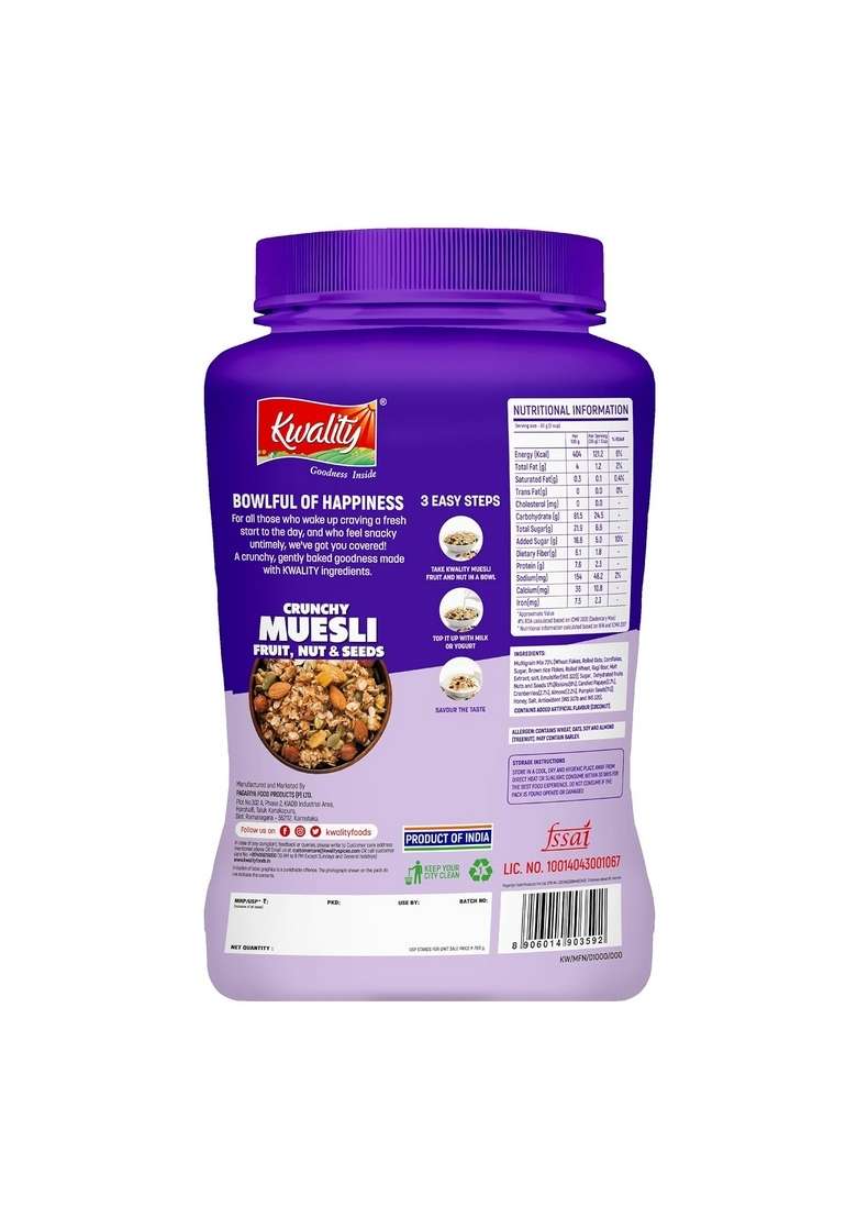 Kwality Muesli Fruit, Nut & Seeds 900G Jar, 87% Multi Grains, No Maida, Natural Source Of Vitamin & Iron, High In Protein & Fiber, Low Fat & Cholesterol, Healthy Breakfast Cereal - Indya