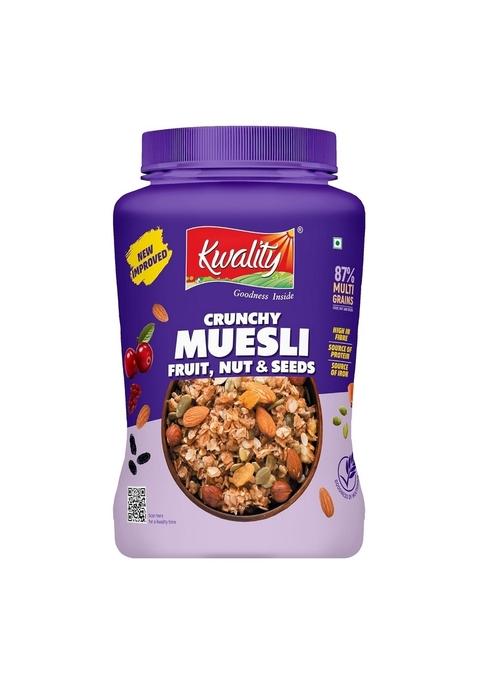 Kwality Muesli Fruit, Nut & Seeds 900G Jar, 87% Multi Grains, No Maida, Natural Source Of Vitamin & Iron, High In Protein & Fiber, Low Fat & Cholesterol, Healthy Breakfast Cereal