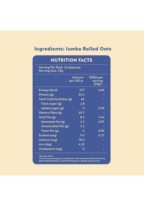 Nourish You Rolled Oats 500G – 100% Wholegrain Oatmeal | High Fiber & Protein-Rich Breakfast Cereal | Diet Food For Weight Management | Gluten-Free | No Added Sugar