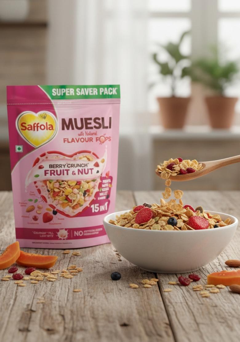 Saffola Muesli Fruit & Nut Berry Crunch With Flavour Pops, 700 Gm | 15 In 1 Fruit And Nuts, Seeds, Millet & More | Cereals For Breakfast Rich In Wholegrain, Protein, Fibre