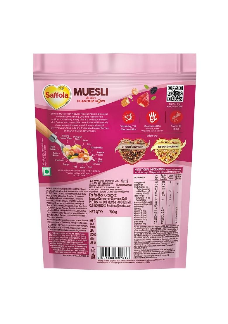 Saffola Muesli Fruit & Nut Berry Crunch With Flavour Pops, 700 Gm | 15 In 1 Fruit And Nuts, Seeds, Millet & More | Cereals For Breakfast Rich In Wholegrain, Protein, Fibre