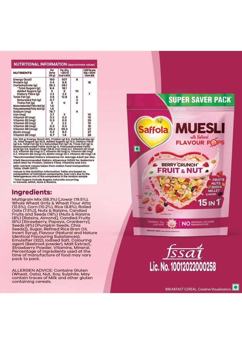 Saffola Muesli Fruit & Nut Berry Crunch With Flavour Pops, 700 Gm | 15 In 1 Fruit And Nuts, Seeds, Millet & More | Cereals For Breakfast Rich In Wholegrain, Protein, Fibre