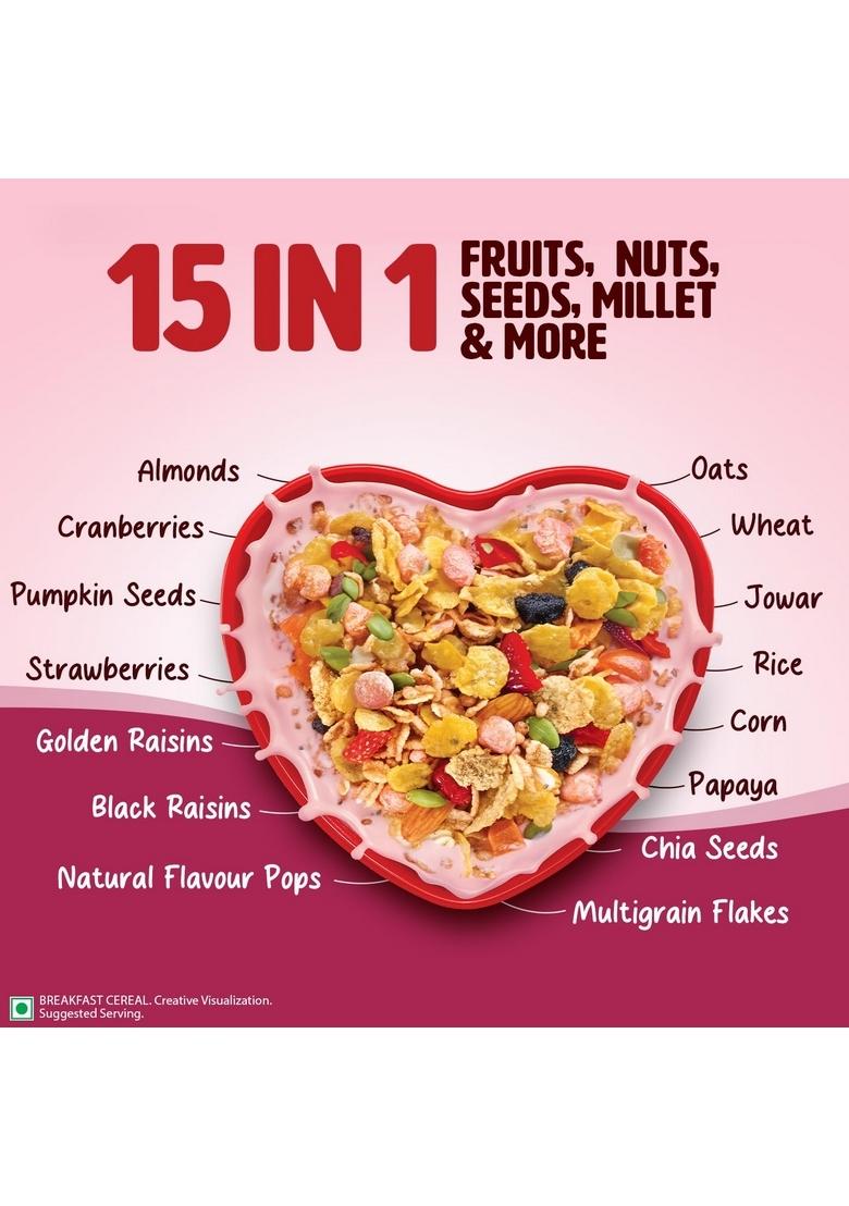 Saffola Muesli Fruit & Nut Berry Crunch With Flavour Pops, 700 Gm | 15 In 1 Fruit And Nuts, Seeds, Millet & More | Cereals For Breakfast Rich In Wholegrain, Protein, Fibre