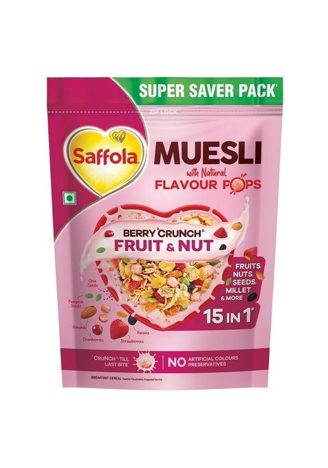 Saffola Muesli Fruit & Nut Berry Crunch With Flavour Pops, 700 Gm | 15 In 1 Fruit And Nuts, Seeds, Millet & More | Cereals For Breakfast Rich In Wholegrain, Protein, Fibre