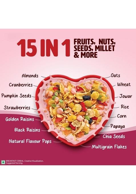 Saffola Muesli Fruit & Nut Berry Crunch With Flavour Pops, 700 Gm | 15 In 1 Fruit And Nuts, Seeds, Millet & More | Cereals For Breakfast Rich In Wholegrain, Protein, Fibre