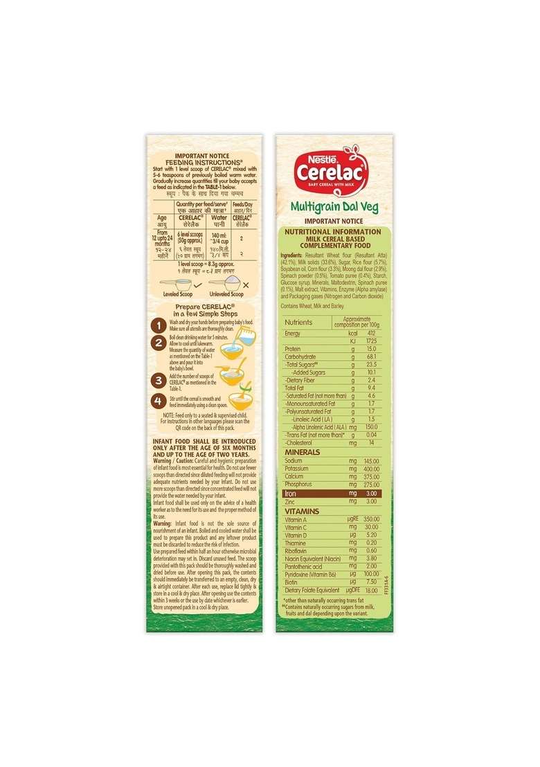 Cerelac Baby Cereal With Milk, Multigrain Dal Veg, From 12 To 24 Months, Stage 4, Source Of Iron & Protein ,Bag-In-Box Pack 300G - Indya